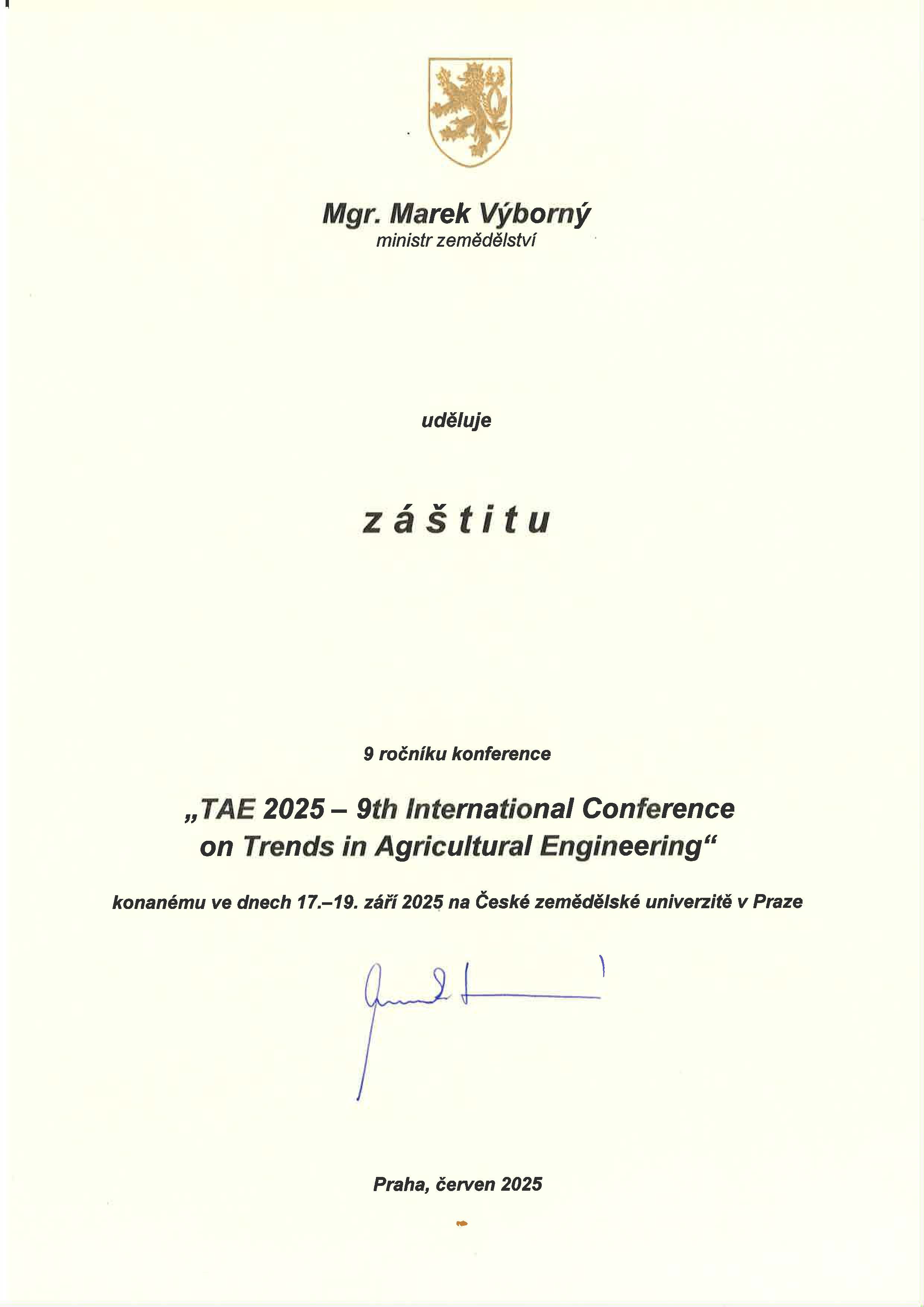Minister of Agriculture of the Czech Republic, Mgr. Marek Výborný